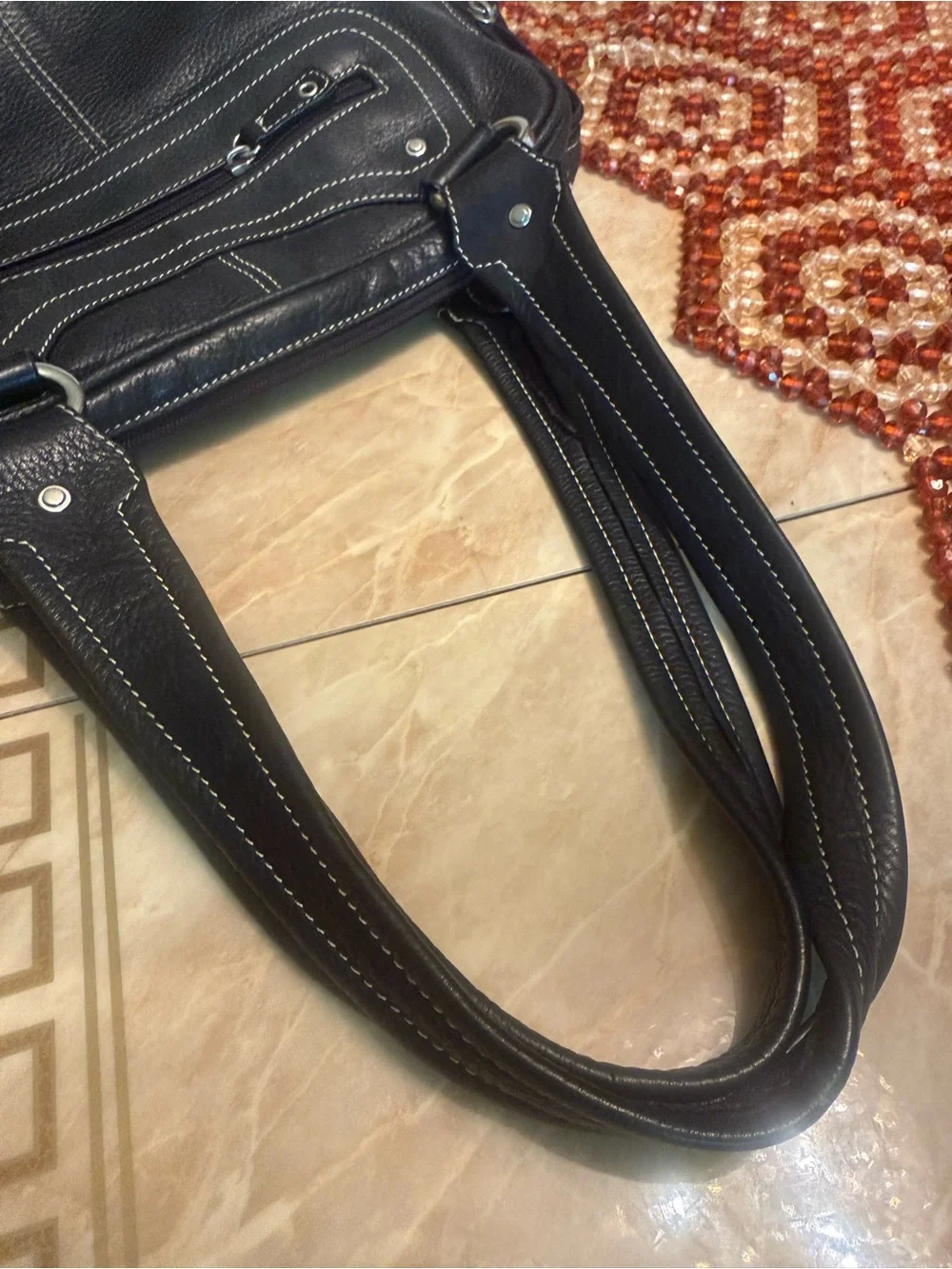 Tignanello Black Shoulder Bag with White Contrast Stitching.